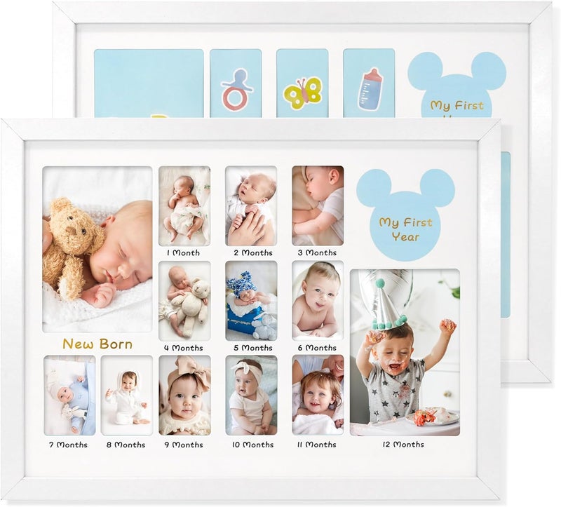 FramePro My First Year Photo Frame 12x16, Baby's First Twelve Months 4x6 and 2x3 Wallet Pictures Milestone Board Keepsake, as New Mom Baby Newborn Gift, White Pack of 2 - Image 1